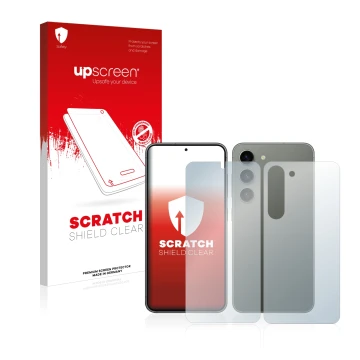 Parte frontal de un envase de producto con el logotipo de la marca upscreen. Al lado se muestra el dispositivo Samsung Galaxy 
