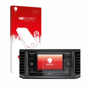 Parte frontal de un envase de producto con el logotipo de la marca upscreen. Al lado se muestra el dispositivo Volkswagen Craf