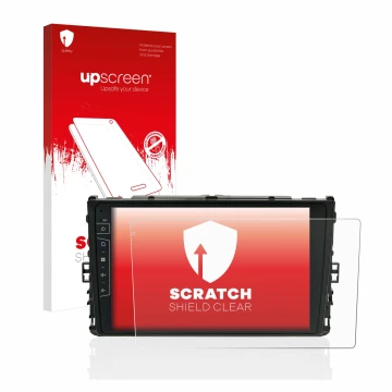 Parte frontal de un envase de producto con el logotipo de la marca upscreen. Al lado se muestra el dispositivo Dynavin D8-DF63