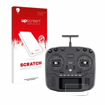 Parte frontal de un envase de producto con el logotipo de la marca upscreen. Al lado se muestra el dispositivo Radiomaster Box