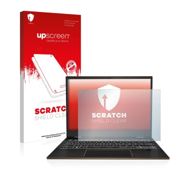 Parte frontal de un envase de producto con el logotipo de la marca upscreen. Al lado se muestra el dispositivo MSI Summit E13 