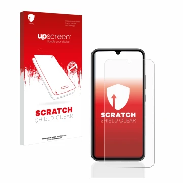 Parte frontal de un envase de producto con el logotipo de la marca upscreen. Al lado se muestra el dispositivo Samsung Galaxy 