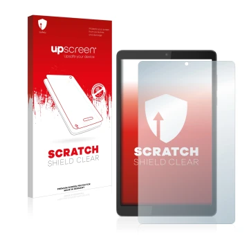 Parte frontal de un envase de producto con el logotipo de la marca upscreen. Al lado se muestra el dispositivo Lenovo Tab M8 (