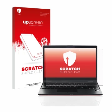 Parte frontal de un envase de producto con el logotipo de la marca upscreen. Al lado se muestra el dispositivo Fujitsu Lifeboo