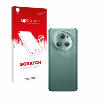 Parte frontal de un envase de producto con el logotipo de la marca upscreen. Al lado se muestra el dispositivo Honor Magic 5 P