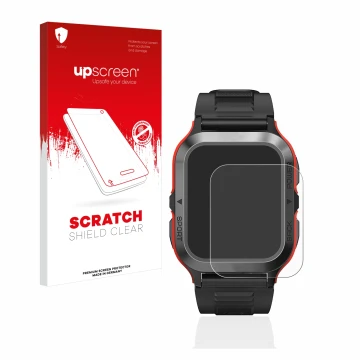 Parte frontal de un envase de producto con el logotipo de la marca upscreen. Al lado se muestra el dispositivo Kospet Tank M2 