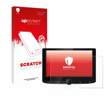 Parte frontal de un envase de producto con el logotipo de la marca upscreen. Al lado se muestra el dispositivo Kenwood DNR992R