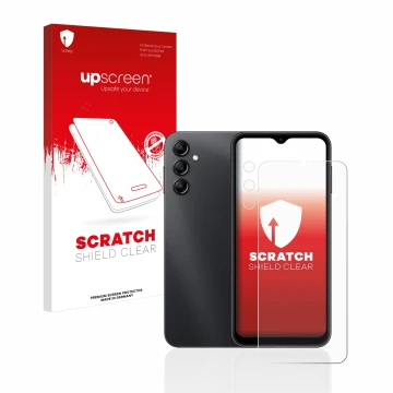 Parte frontal de un envase de producto con el logotipo de la marca upscreen. Al lado se muestra el dispositivo Samsung Galaxy 