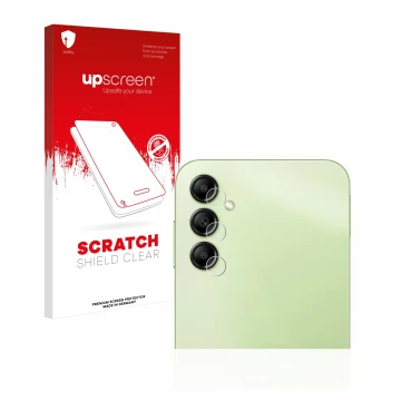 Parte frontal de un envase de producto con el logotipo de la marca upscreen. Al lado se muestra el dispositivo Samsung Galaxy 