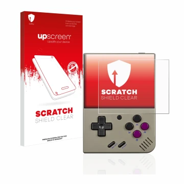 Parte frontal de un envase de producto con el logotipo de la marca upscreen. Al lado se muestra el dispositivo Miyoo Mini Plus