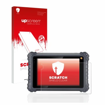 Parte frontal de un envase de producto con el logotipo de la marca upscreen. Al lado se muestra el dispositivo Autel MaxiCom M