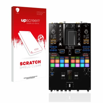 Parte frontal de un envase de producto con el logotipo de la marca upscreen. Al lado se muestra el dispositivo Pioneer DJM-S11