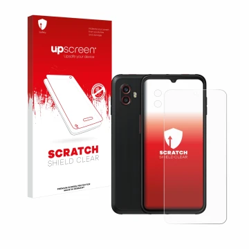 Parte frontal de un envase de producto con el logotipo de la marca upscreen. Al lado se muestra el dispositivo Samsung Galaxy 