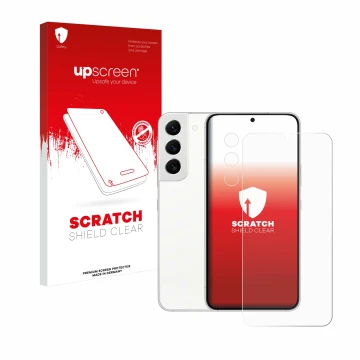 Parte frontal de un envase de producto con el logotipo de la marca upscreen. Al lado se muestra el dispositivo Samsung Galaxy 