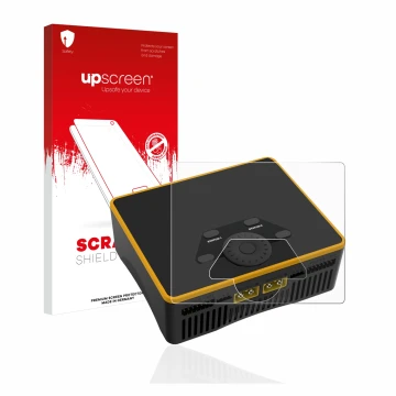 Parte frontal de un envase de producto con el logotipo de la marca upscreen. Al lado se muestra el dispositivo Junsi iCharger 