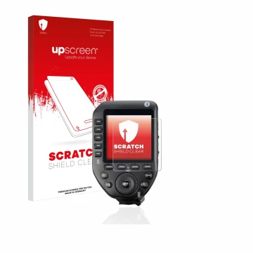 Parte frontal de un envase de producto con el logotipo de la marca upscreen. Al lado se muestra el dispositivo Godox XPro II c