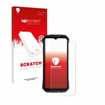 Parte frontal de un envase de producto con el logotipo de la marca upscreen. Al lado se muestra el dispositivo Doogee S100 con