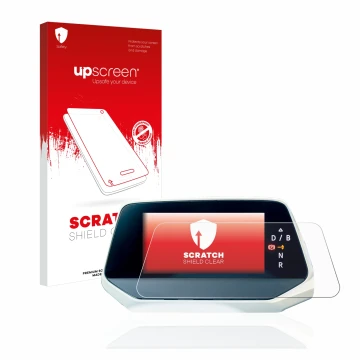 Parte frontal de un envase de producto con el logotipo de la marca upscreen. Al lado se muestra el dispositivo Volkswagen ID.4