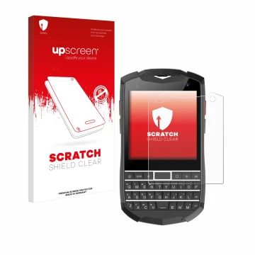 Parte frontal de un envase de producto con el logotipo de la marca upscreen. Al lado se muestra el dispositivo Unihertz Titan 