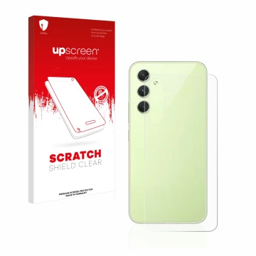 Parte frontal de un envase de producto con el logotipo de la marca upscreen. Al lado se muestra el dispositivo Samsung Galaxy 