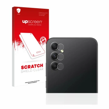 Parte frontal de un envase de producto con el logotipo de la marca upscreen. Al lado se muestra el dispositivo Samsung Galaxy 