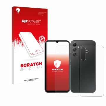 Parte frontal de un envase de producto con el logotipo de la marca upscreen. Al lado se muestra el dispositivo Samsung Galaxy 
