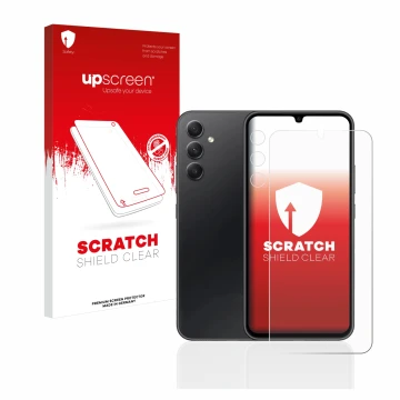 Parte frontal de un envase de producto con el logotipo de la marca upscreen. Al lado se muestra el dispositivo Samsung Galaxy 