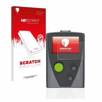 Parte frontal de un envase de producto con el logotipo de la marca upscreen. Al lado se muestra el dispositivo Swissphone Boss