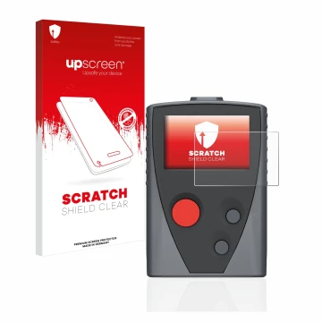 Parte frontal de un envase de producto con el logotipo de la marca upscreen. Al lado se muestra el dispositivo Swissphone Boss