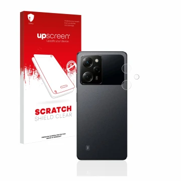 Parte frontal de un envase de producto con el logotipo de la marca upscreen. Al lado se muestra el dispositivo Xiaomi Poco X5 