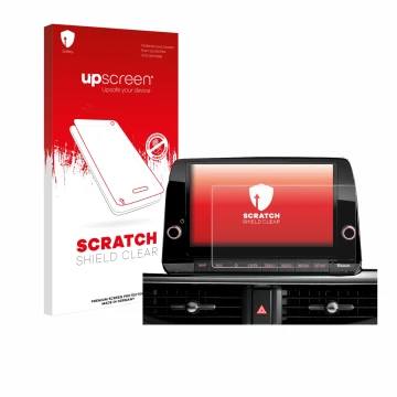 Parte frontal de un envase de producto con el logotipo de la marca upscreen. Al lado se muestra el dispositivo Kia Picanto 202