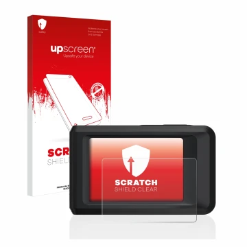 Parte frontal de un envase de producto con el logotipo de la marca upscreen. Al lado se muestra el dispositivo Hikmicro Pocket