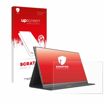 Parte frontal de un envase de producto con el logotipo de la marca upscreen. Al lado se muestra el dispositivo Arzopa ‎S1 Tabl
