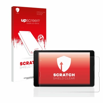 Parte frontal de un envase de producto con el logotipo de la marca upscreen. Al lado se muestra el dispositivo MEDION Tablet E