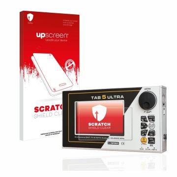 Parte frontal de un envase de producto con el logotipo de la marca upscreen. Al lado se muestra el dispositivo Rover TAB 5 ULT