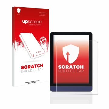 Parte frontal de un envase de producto con el logotipo de la marca upscreen. Al lado se muestra el dispositivo Meebook M6 6