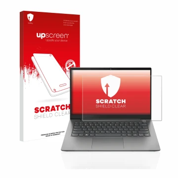 Parte frontal de un envase de producto con el logotipo de la marca upscreen. Al lado se muestra el dispositivo Lenovo ThinkBoo