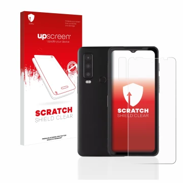 Parte frontal de un envase de producto con el logotipo de la marca upscreen. Al lado se muestra el dispositivo Caterpillar Cat