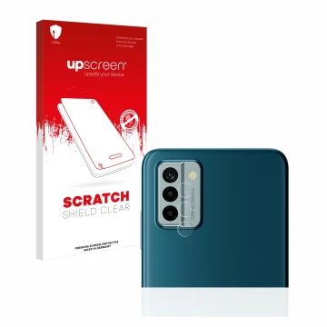 Parte frontal de un envase de producto con el logotipo de la marca upscreen. Al lado se muestra el dispositivo Nokia G22 (SÓLO
