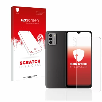 Parte frontal de un envase de producto con el logotipo de la marca upscreen. Al lado se muestra el dispositivo Nokia G22 (Fron
