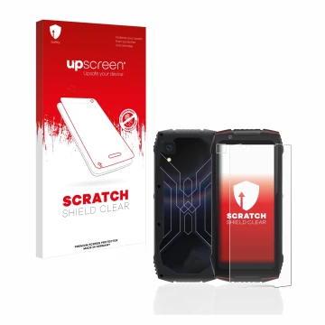 Parte frontal de un envase de producto con el logotipo de la marca upscreen. Al lado se muestra el dispositivo Cubot King Kong