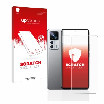 Parte frontal de un envase de producto con el logotipo de la marca upscreen. Al lado se muestra el dispositivo Xiaomi 12T Pro 