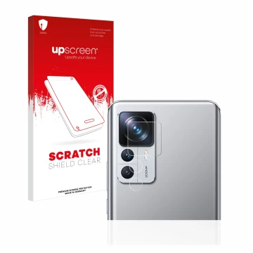 Parte frontal de un envase de producto con el logotipo de la marca upscreen. Al lado se muestra el dispositivo Xiaomi 12T Pro 