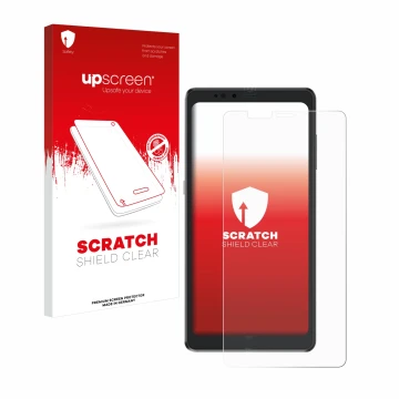 Parte frontal de un envase de producto con el logotipo de la marca upscreen. Al lado se muestra el dispositivo Hisense A9 con 