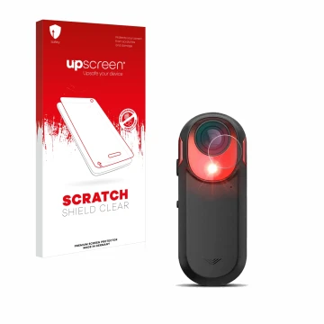 Parte frontal de un envase de producto con el logotipo de la marca upscreen. Al lado se muestra el dispositivo Garmin Varia RC