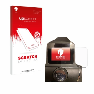Parte frontal de un envase de producto con el logotipo de la marca upscreen. Al lado se muestra el dispositivo Motocaddy M1 DH