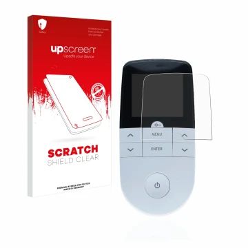 Parte frontal de un envase de producto con el logotipo de la marca upscreen. Al lado se muestra el dispositivo Beurer EM 49 Di