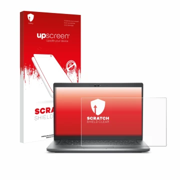 Parte frontal de un envase de producto con el logotipo de la marca upscreen. Al lado se muestra el dispositivo Dell Latitude 5