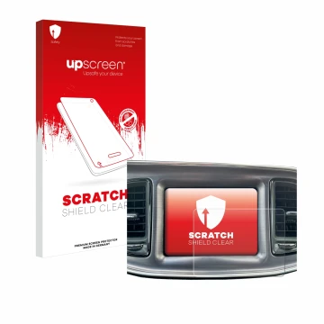 Parte frontal de un envase de producto con el logotipo de la marca upscreen. Al lado se muestra el dispositivo Dodge Challenge