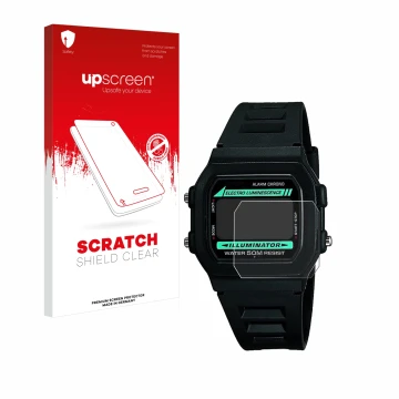 Parte frontal de un envase de producto con el logotipo de la marca upscreen. Al lado se muestra el dispositivo Casio W-86-1VQE